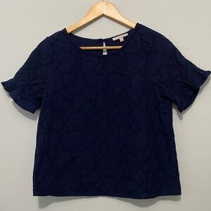 Navy flutter sleeve crochet detail top